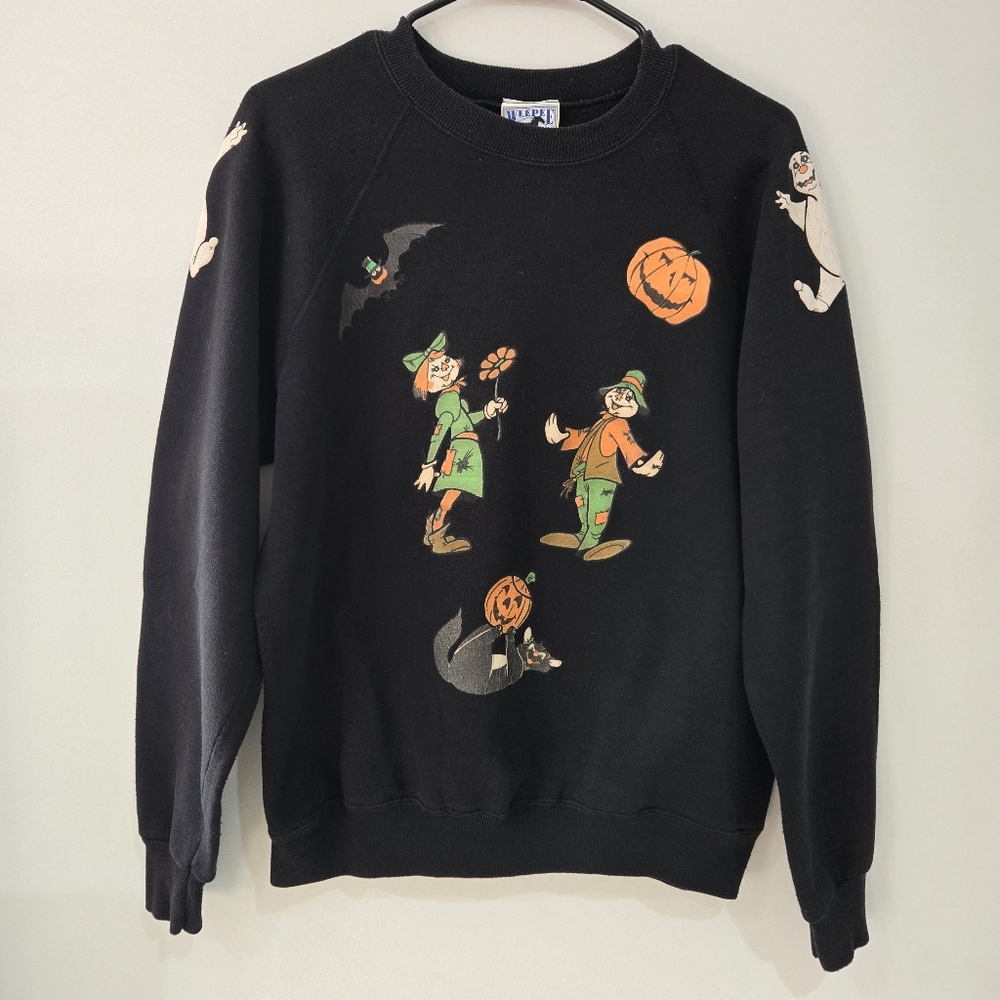Vintage 90s Halloween Sweatshirt Scarecrow Pumpkin Ghost Frankie Werewolf Large